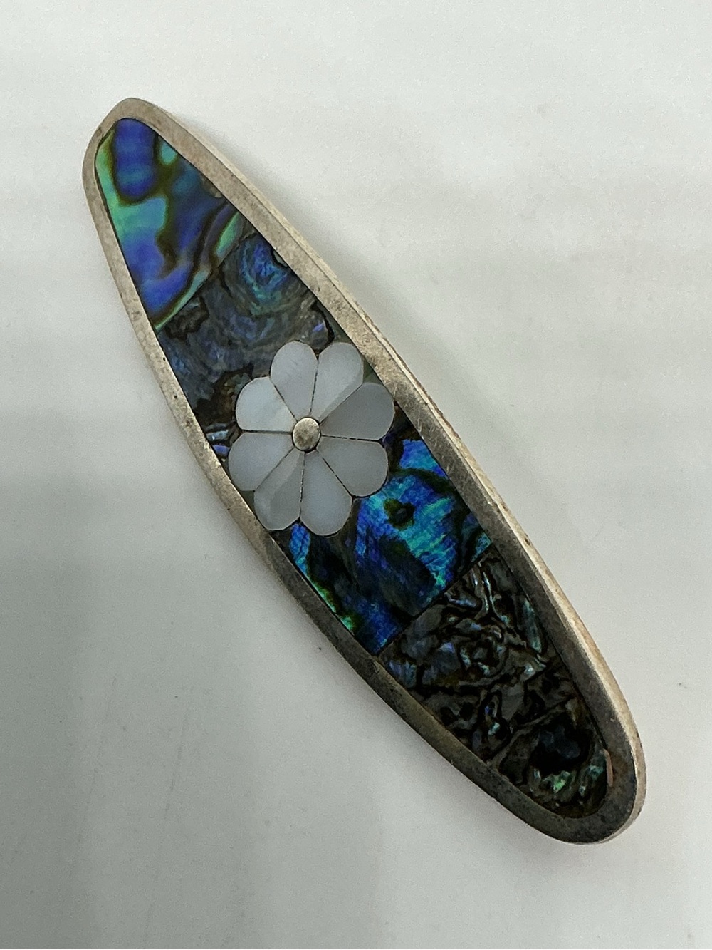 Vintage Abalone Shell Mother of Pearl Inlay Brooch Silver-Tone Flower Pin